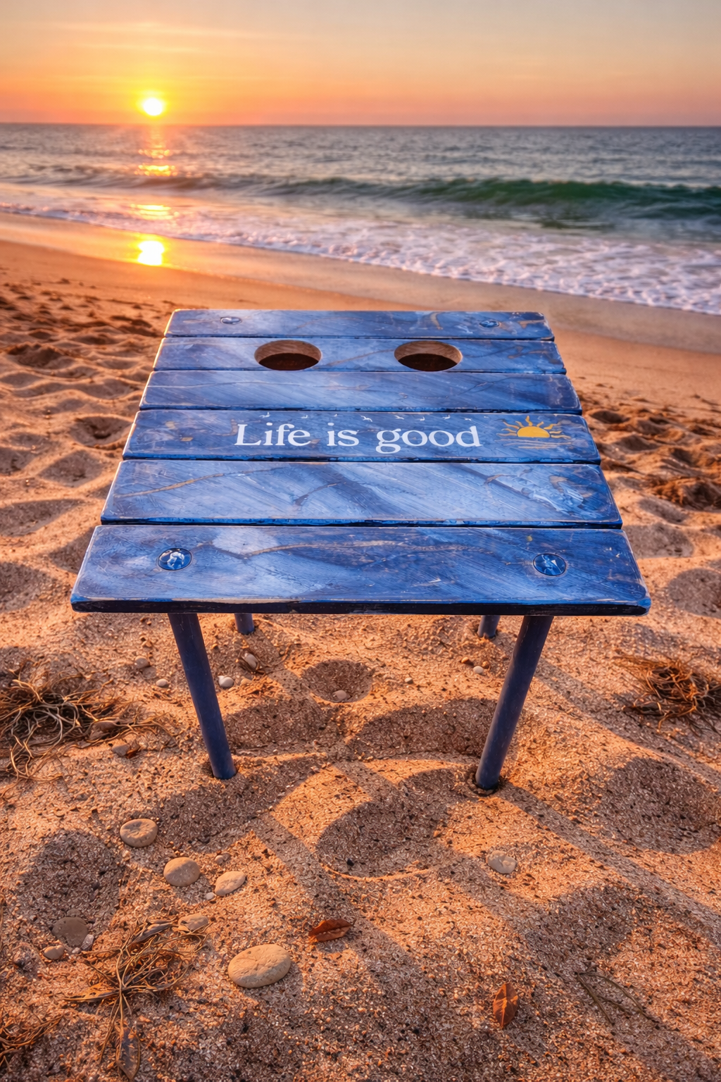 denim blue roll out table in a bag that says life is good at the beach with cup holders