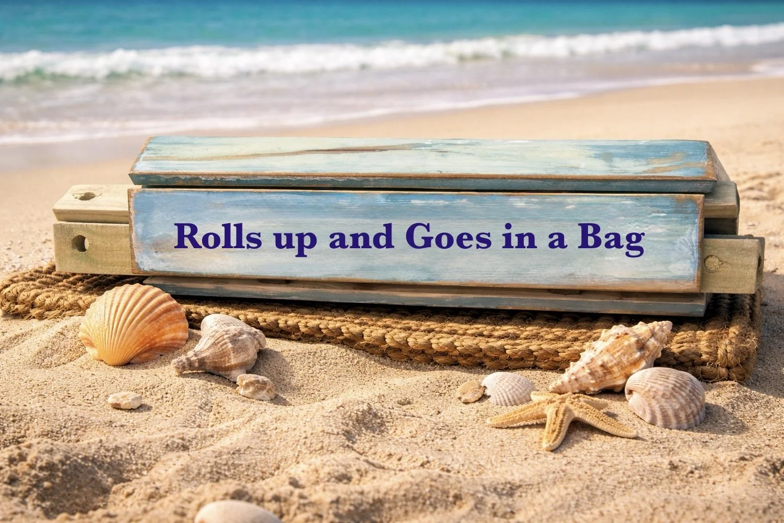 smwoodmasters roll out table in a bag sitting on a beach rolled up