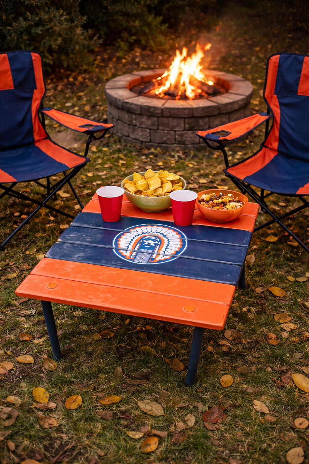 university of illinois roll out table in a bag around a firepit