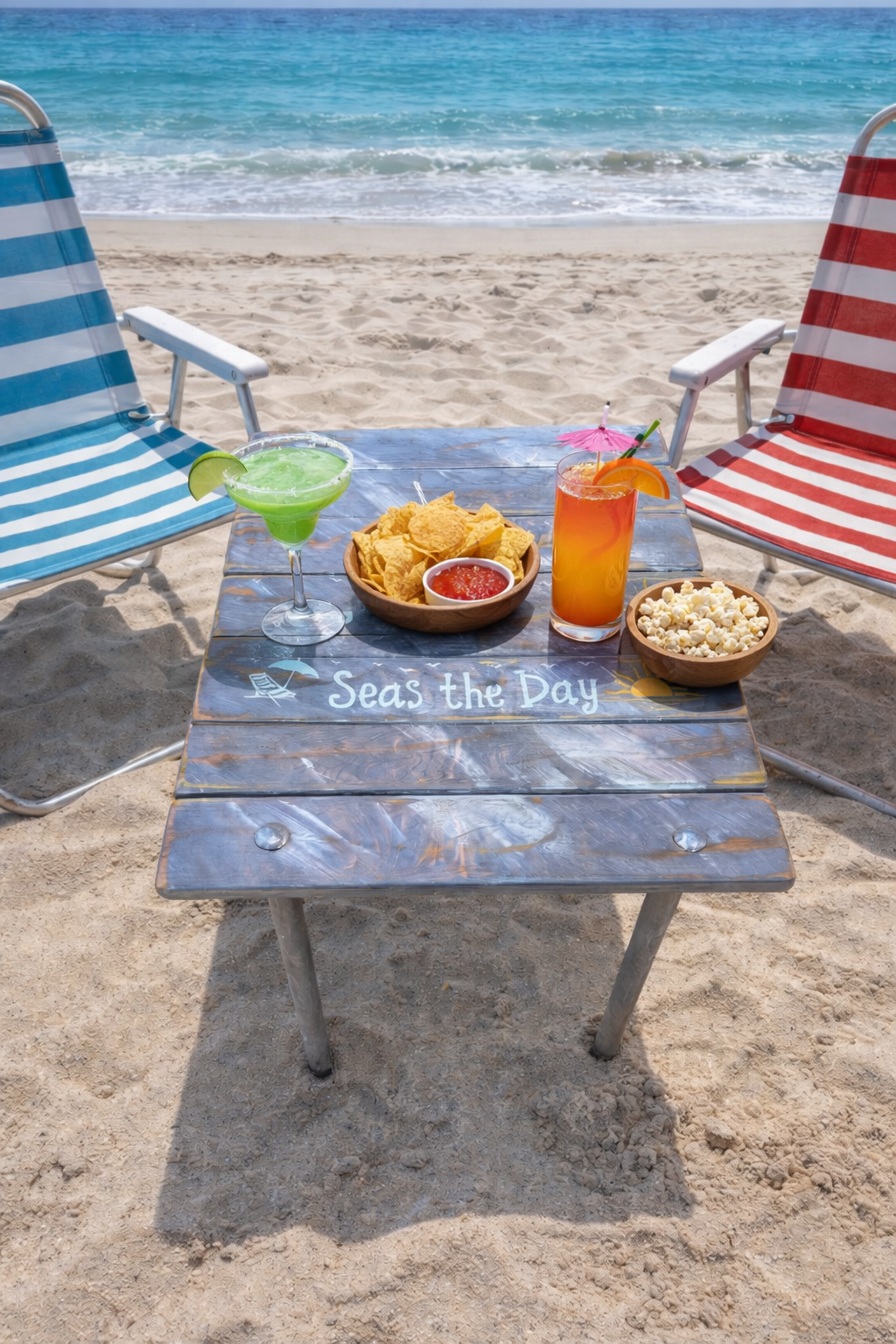 a gray whitewash portable beach table in a bag with the saying seas the day  in white font being used at at the beach with snacks