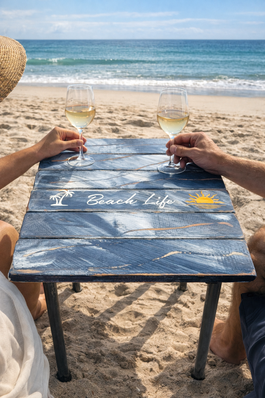 a denim blue table with words Beach Life on a sandy beach with two people drinking wine