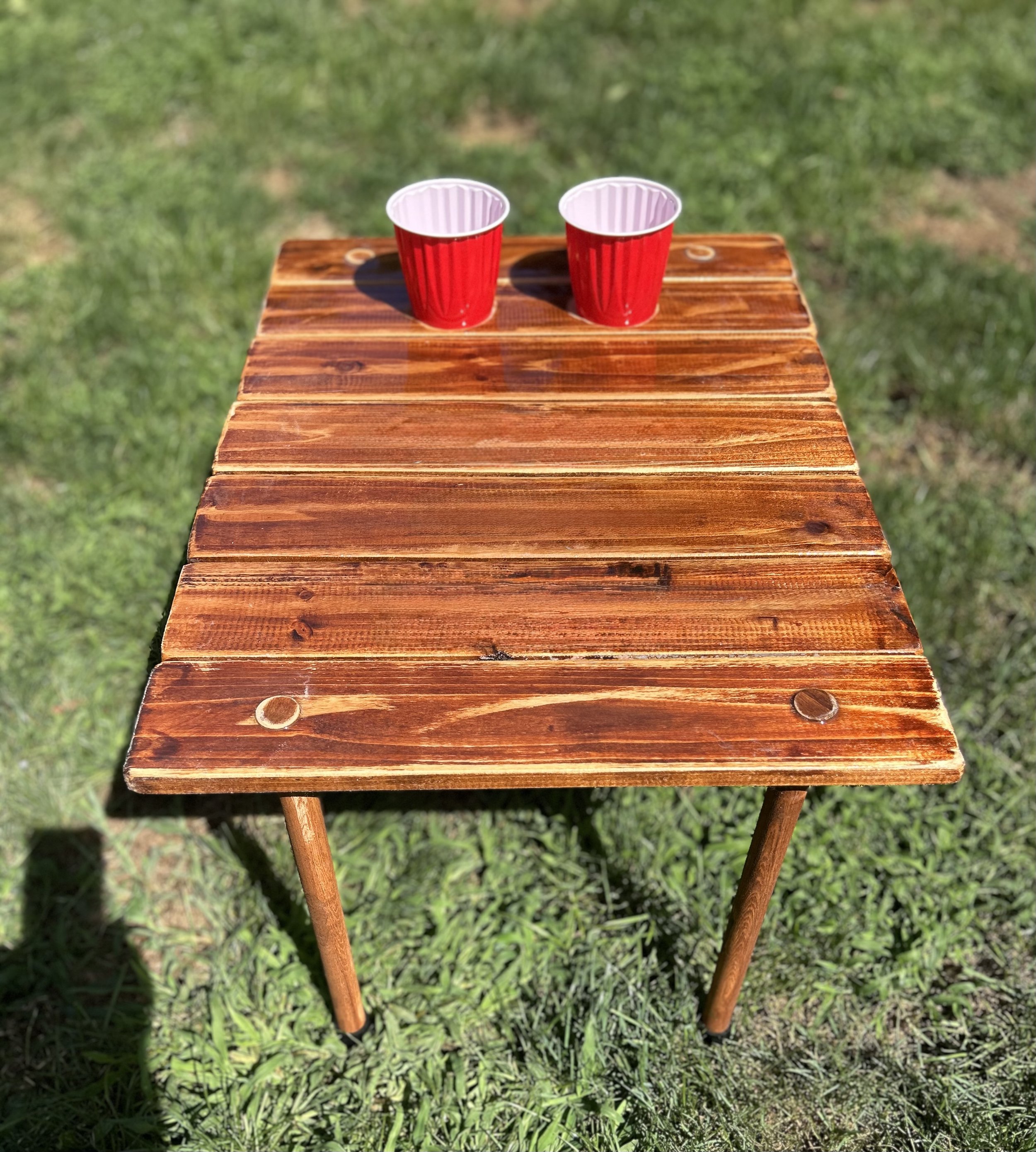 a cedar brown roll out table in a bag with a motor boat and fishing pole and the words "boat life" in a backyard displaying two holes for cup holders