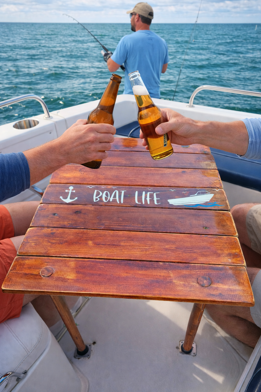 Portable cedar roll-up table on a boat with [a man fishing, lightweight table designed for portability and easy to store