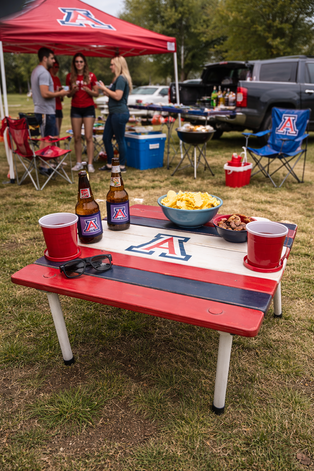 Arizona Wildcats roll-out table at a tailgating party, handcrafted cedar wood table holding drinks and snacks with fans and tents in the background