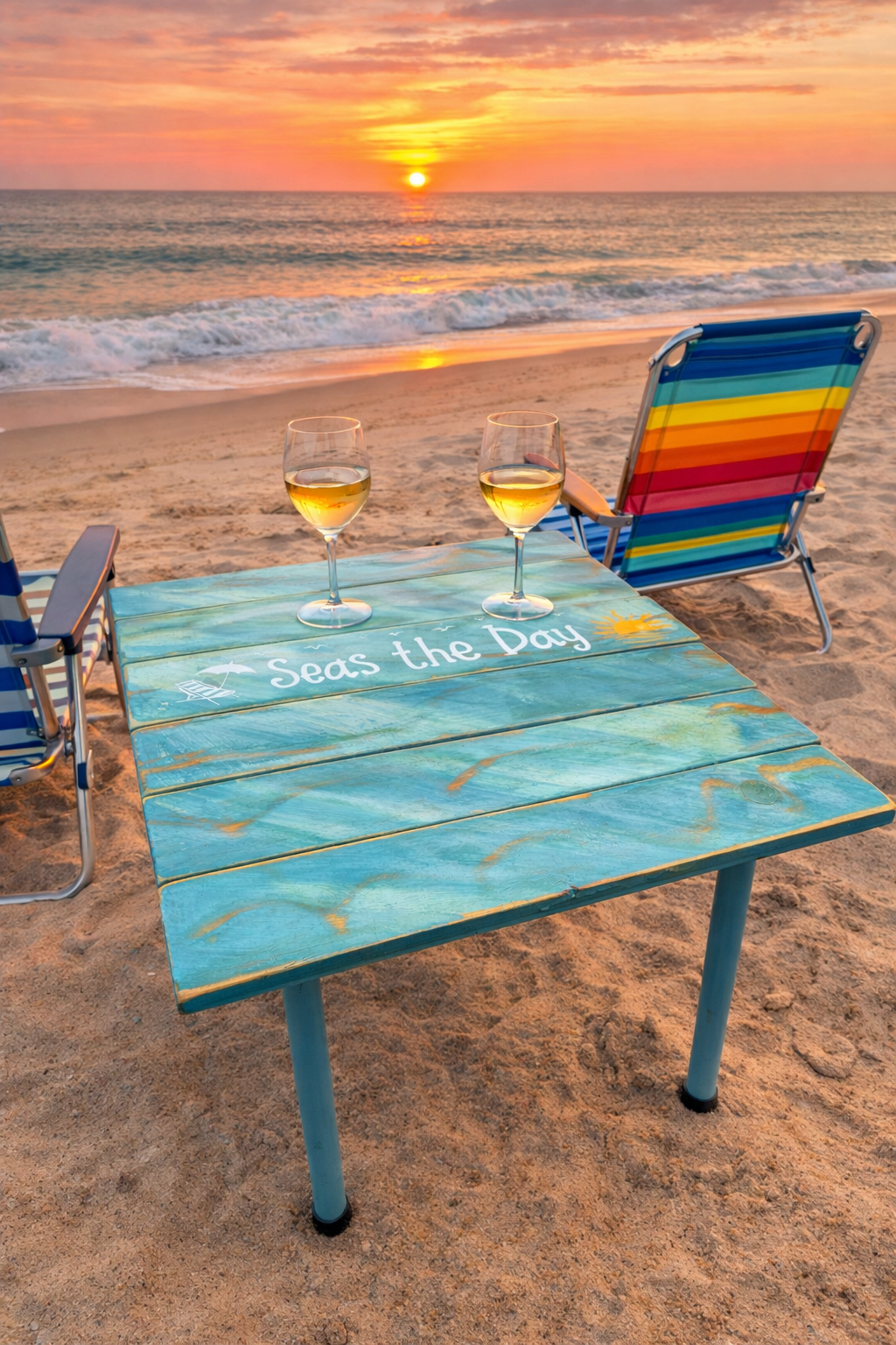Turquoise cedar roll-out beach table with “Seas the Day” design placed on a sandy Long Island beach