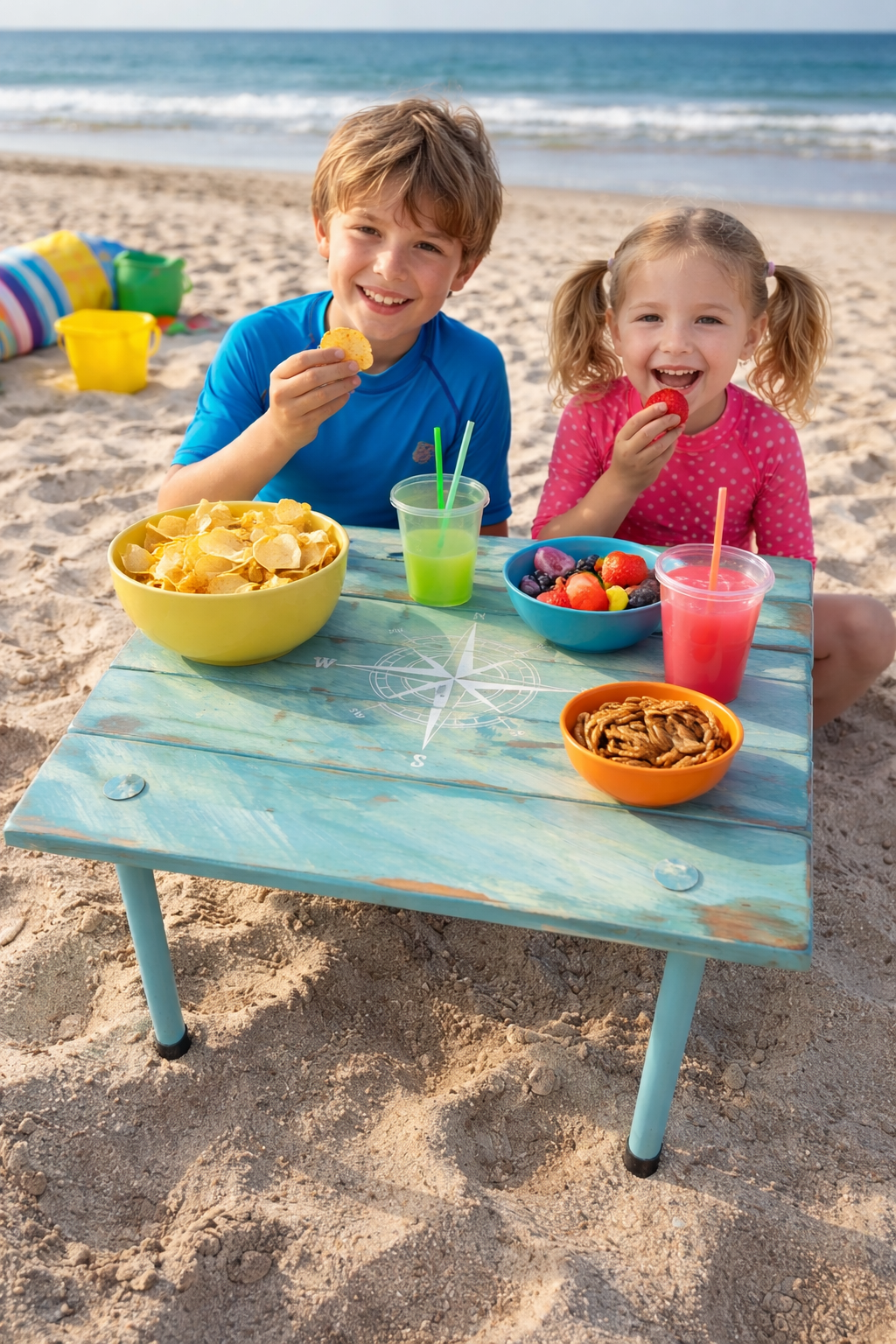 turquoise portable beach table with a white compass rose on the beach with kids eating snacks