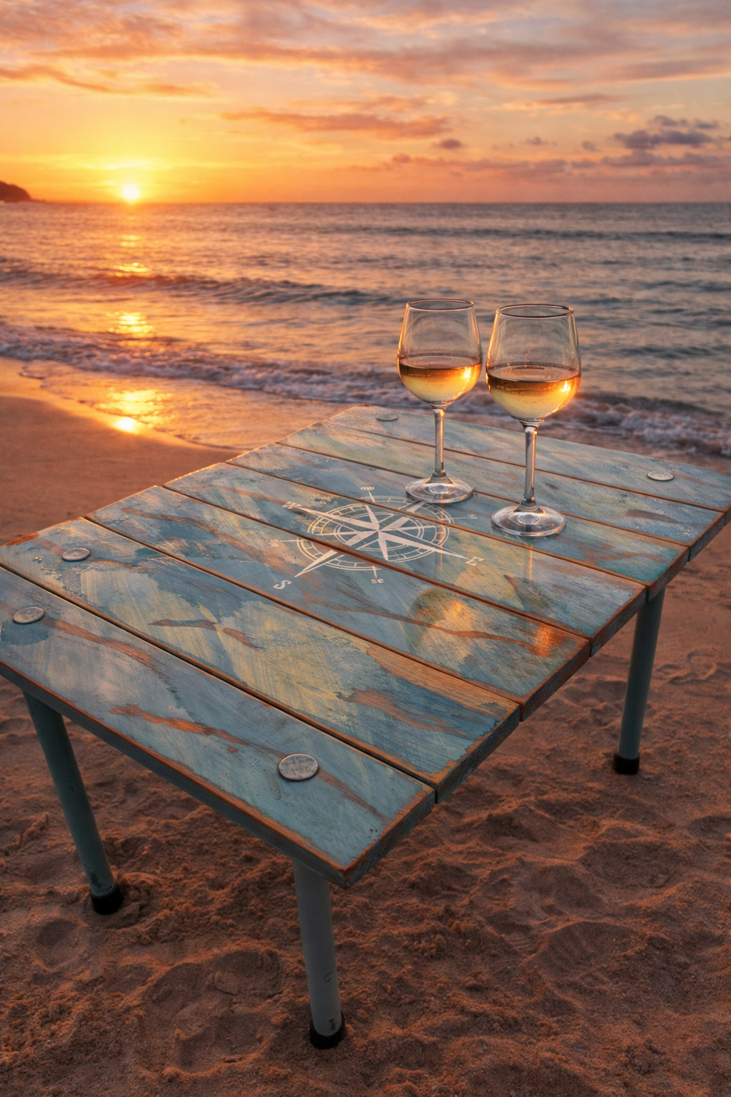 turquoise portable beach table with a white compass rose on the beach at sunset with two glasses of wine