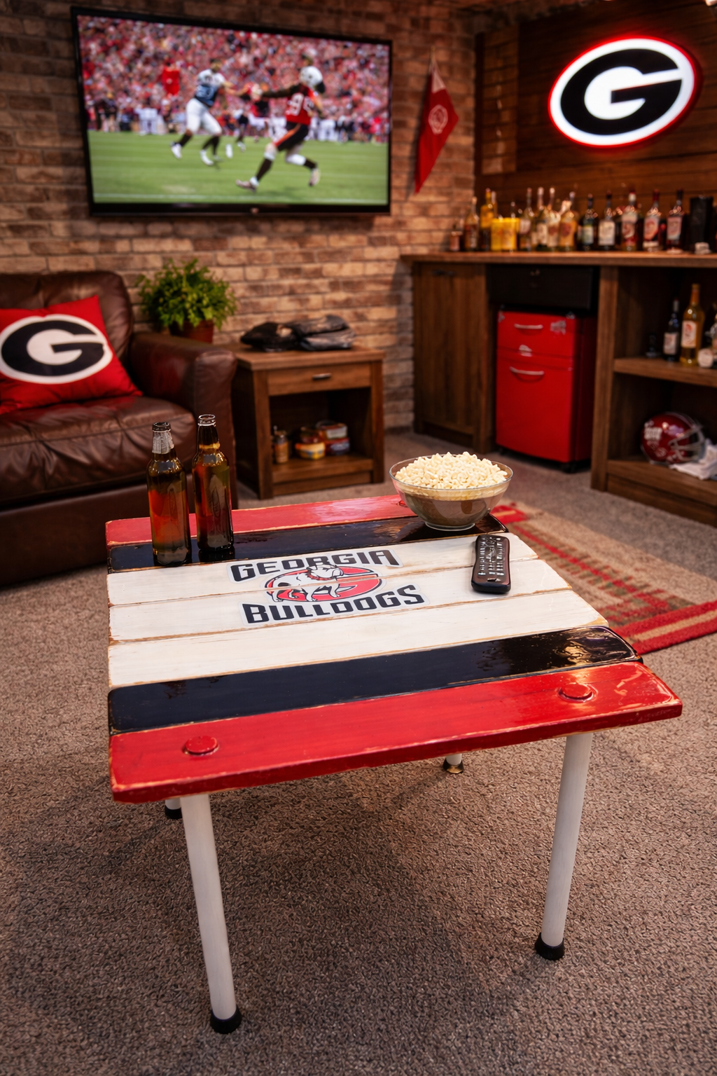 Georgia Bulldogs roll out table in man cave with TV football game drinks and snacks fan decor