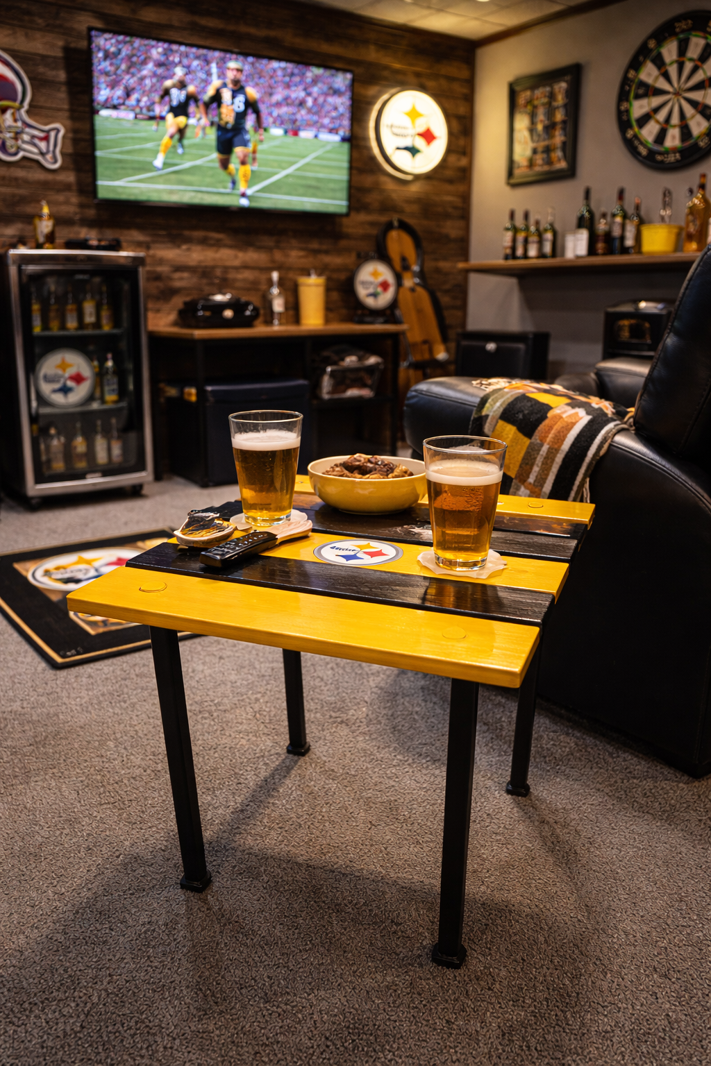 Pittsburgh Steelers roll-out table in a bag in a man cave setting