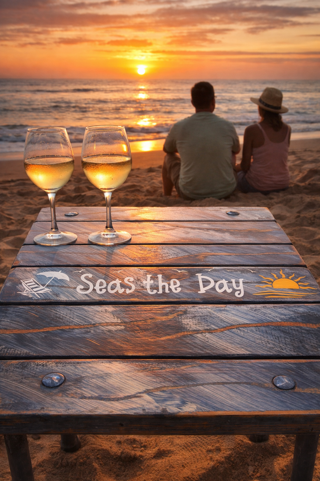 a roll up beach table in a bag with the saying seas the day on the beach at sunset with two people drinking wine