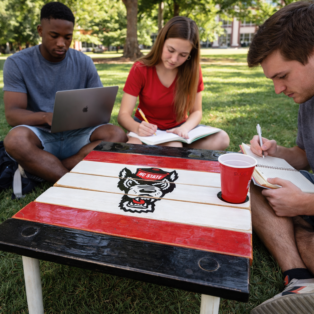 NC State Wolfpack roll-out table used during college move-in day with father and daughter, portable cedar wood dorm table