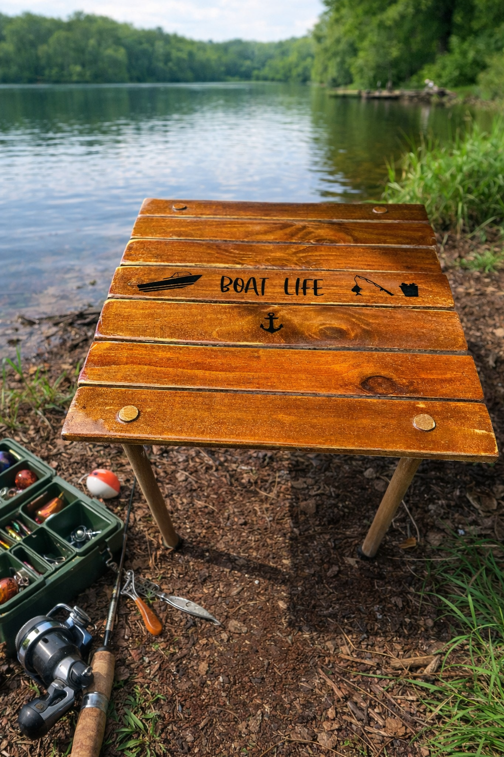 a cedar brown roll out table in a bag with a motor boat and fishing pole and the words "boat life" by the lake being used for fishing