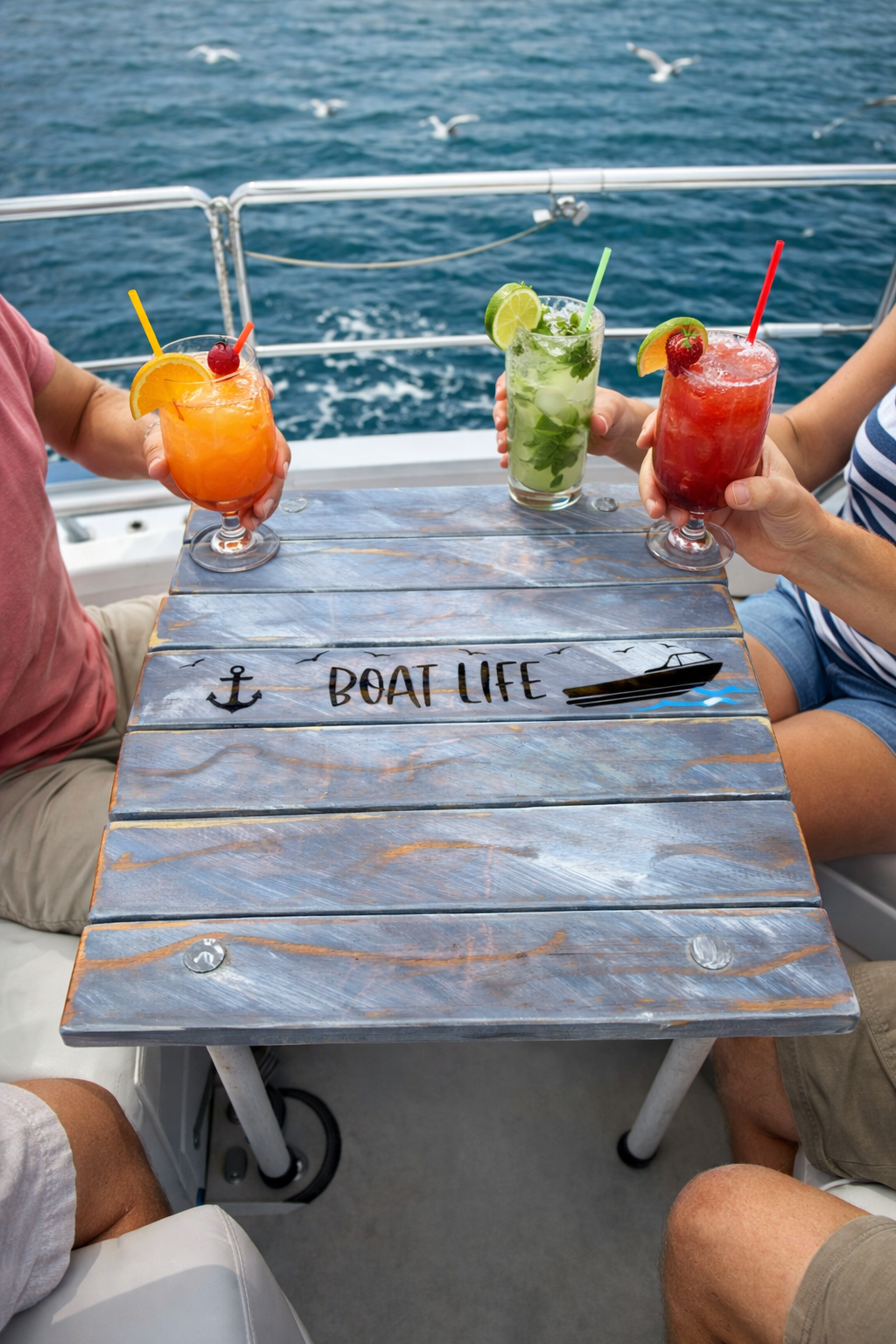 a gray boat table being used on a boat with two people having drinks