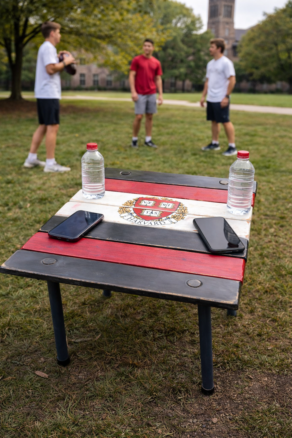 Harvard Crimson roll-out table on campus lawn with cell phones and water bottles, students playing football in background