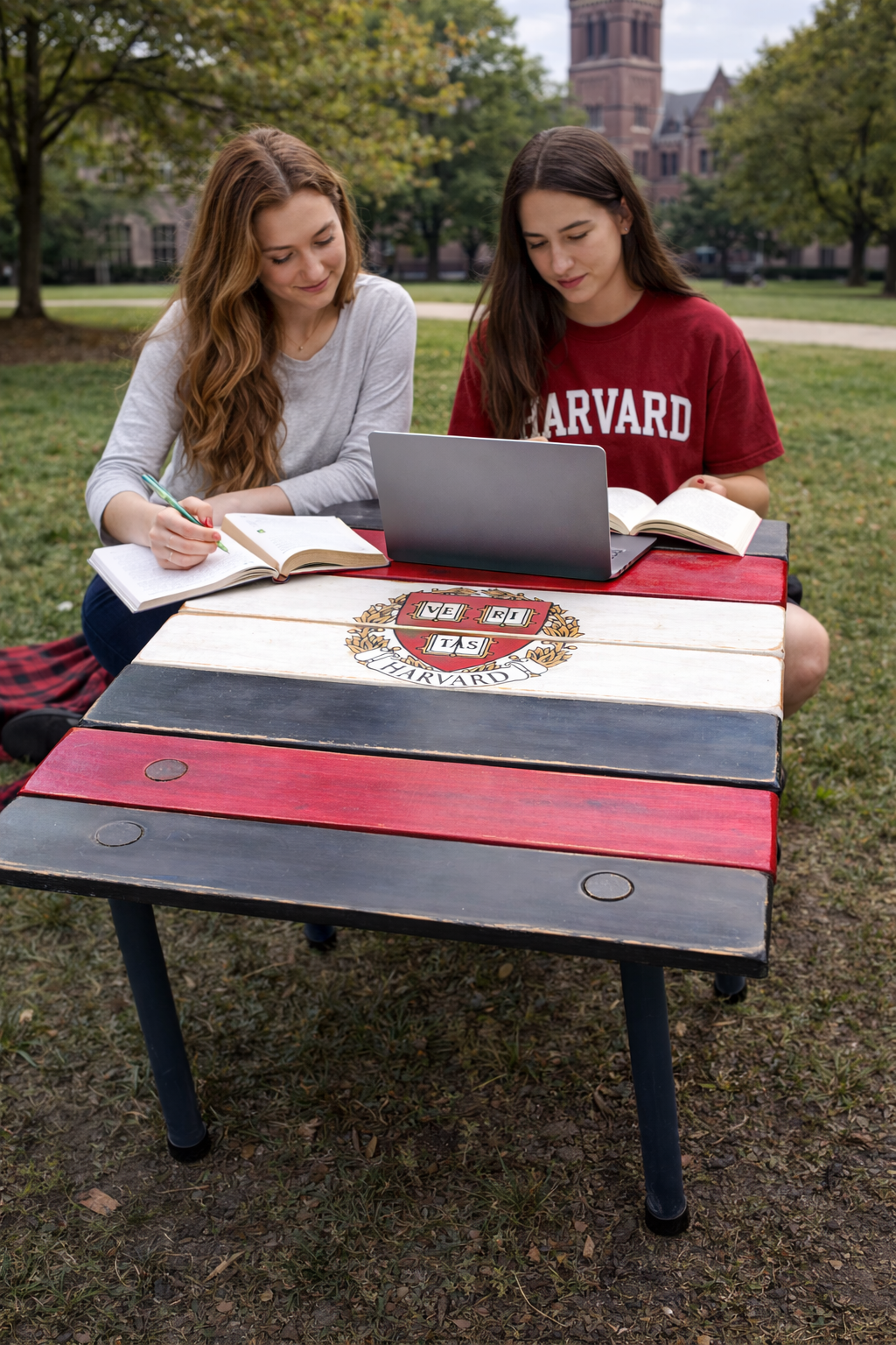 Two students studying on Harvard campus using a Harvard Crimson roll-out table, portable cedar study table