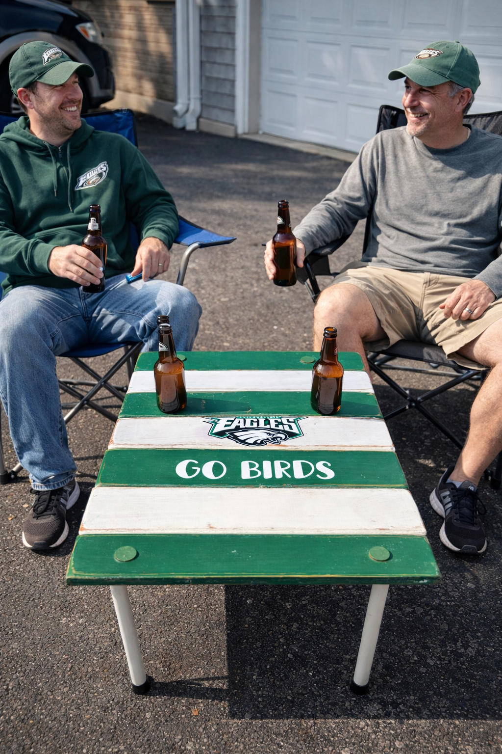 a eagles football fan roll out table in a bag in a tailgating driveway with snacks