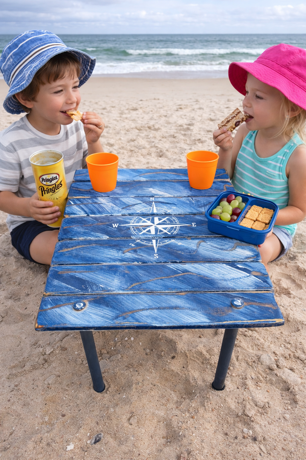Blue cedar roll-up table with a compass rose design, shown outdoors as a lightweight portable coastal table. with two kids eating snacks
