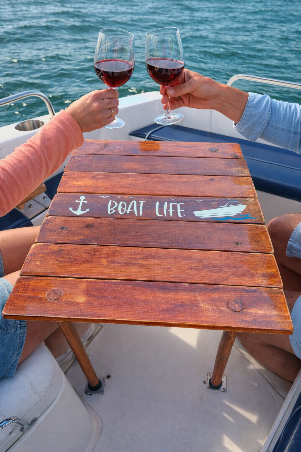 Handcrafted cedar roll-up table on a boat  with wine glasses, compact and lightweight outdoor table.