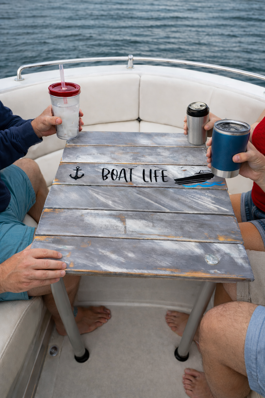 Three people sitting on a boat, holding drinks, with a wooden table in front that has the words "Boat Life" and a boat graphic.