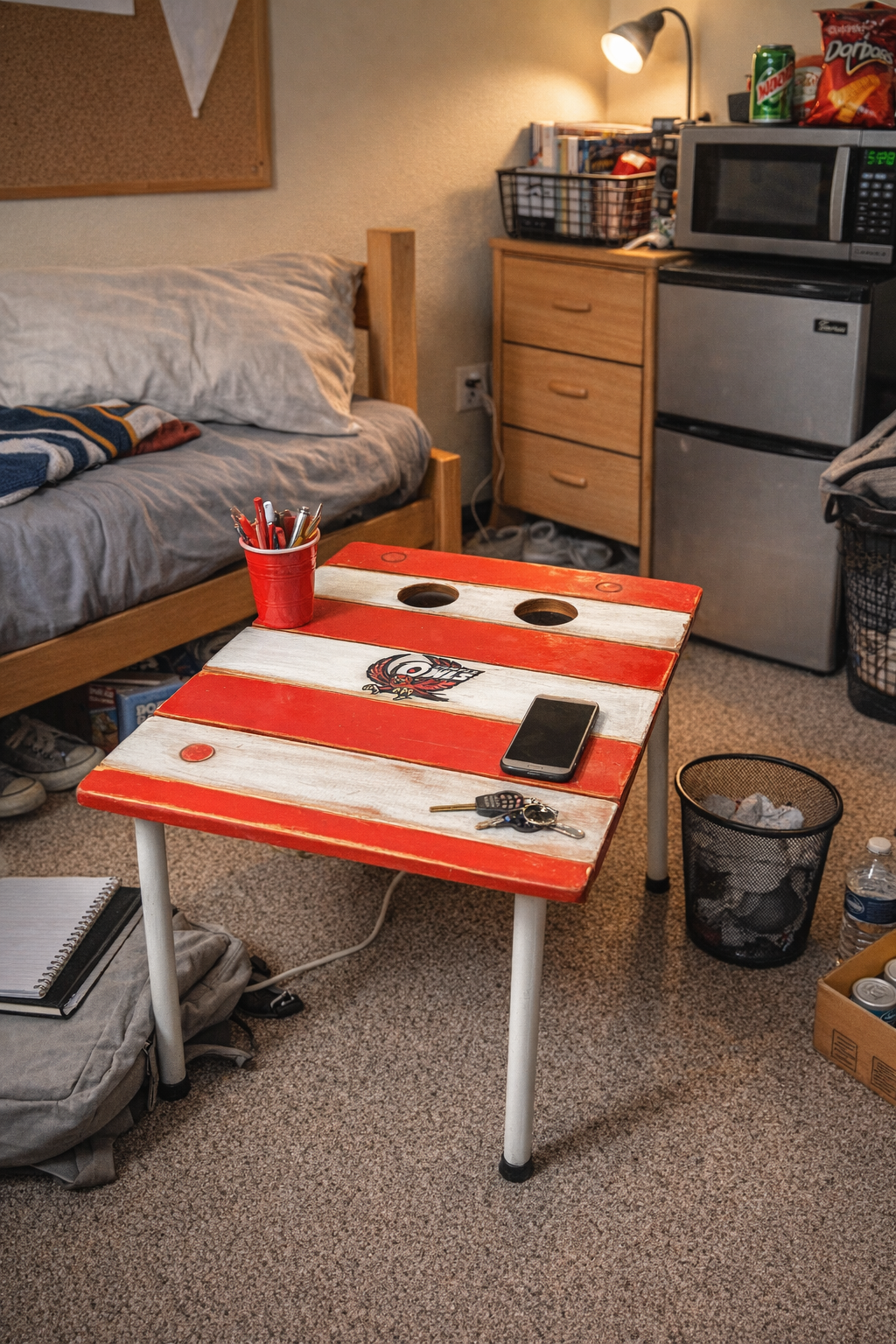 Handcrafted red and white cedar roll-out table with tempe owl  logo used as a small table in a college dorm room