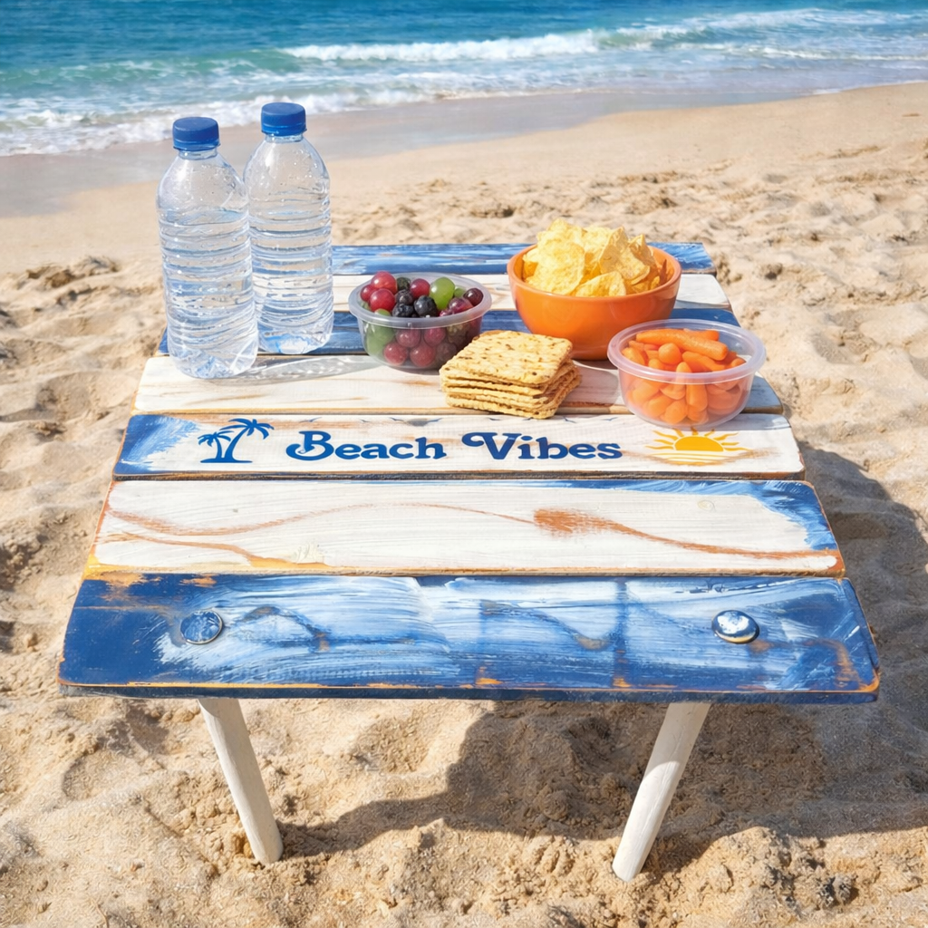 a blue and white distressed portable table that rolls up into a bag with the saying Beach Vibes on a sandy beach with fruit on it