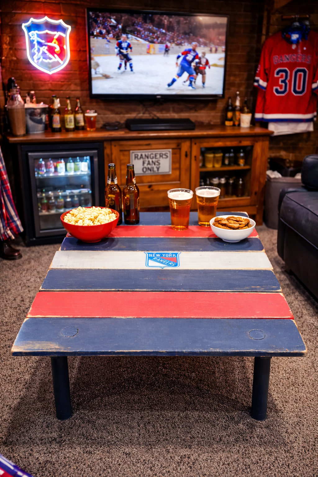 a handmade rangers roll out table in a bag in a man cave