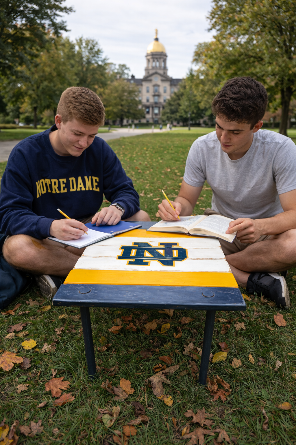 Notre Dame roll-out cedar table used outdoors on college grounds with two students studying, portable wooden table with blue, white, and gold stripes and ND logo (Copy)