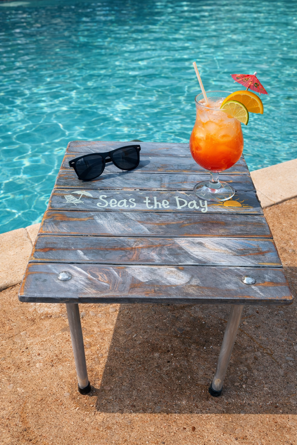 a gray whitewash portable beach table in a bag with the saying seas the day  in white font being used at by the poolside to hold drinks