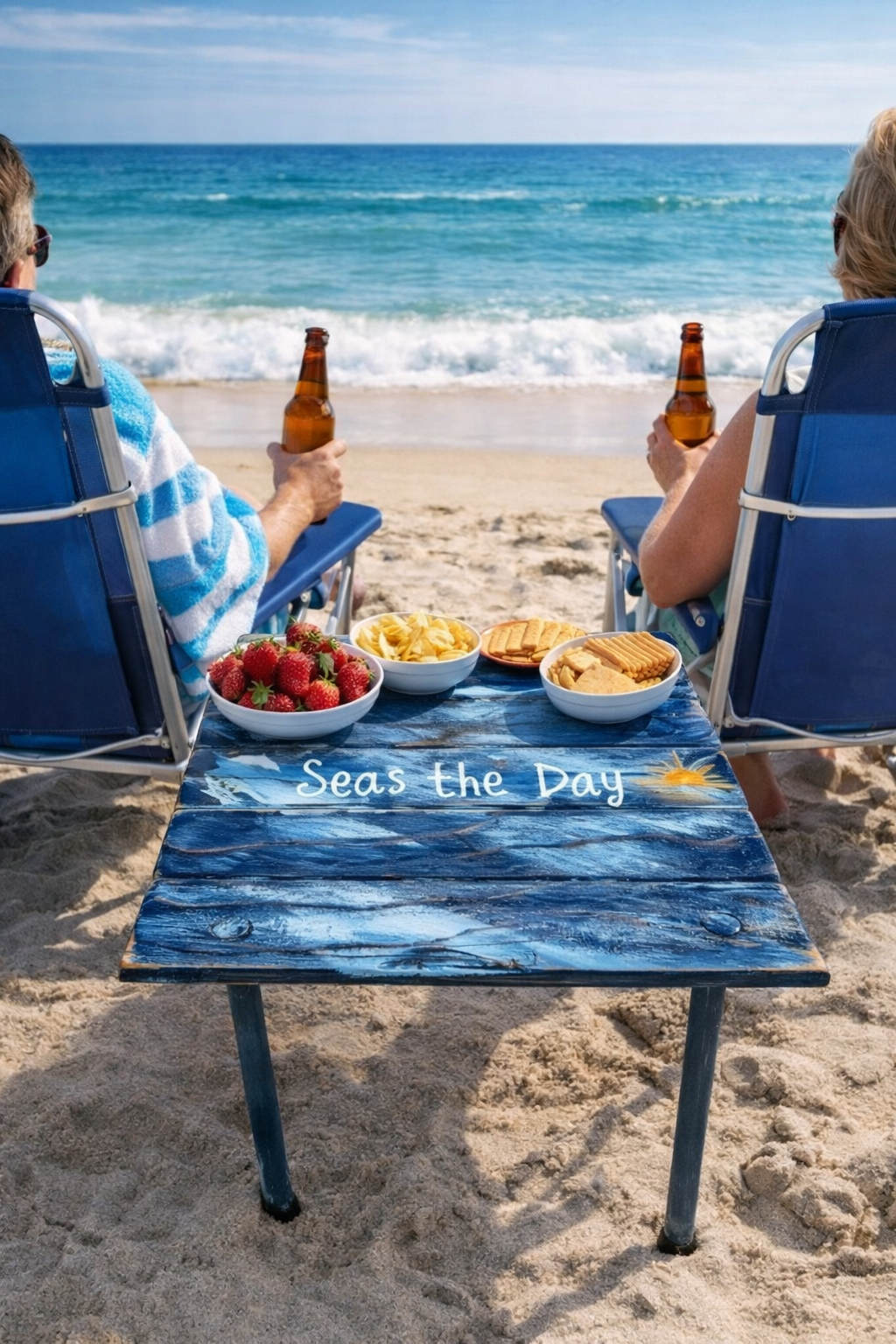 a roll up beach table in a bag with the saying seas the day between two beach chairs with two people drinking