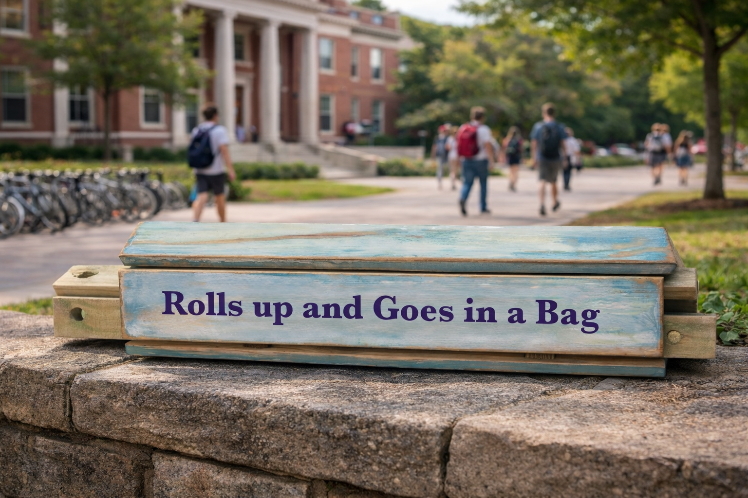 Portable roll-up table folded and displayed on a college campus with students and academic buildings in the background