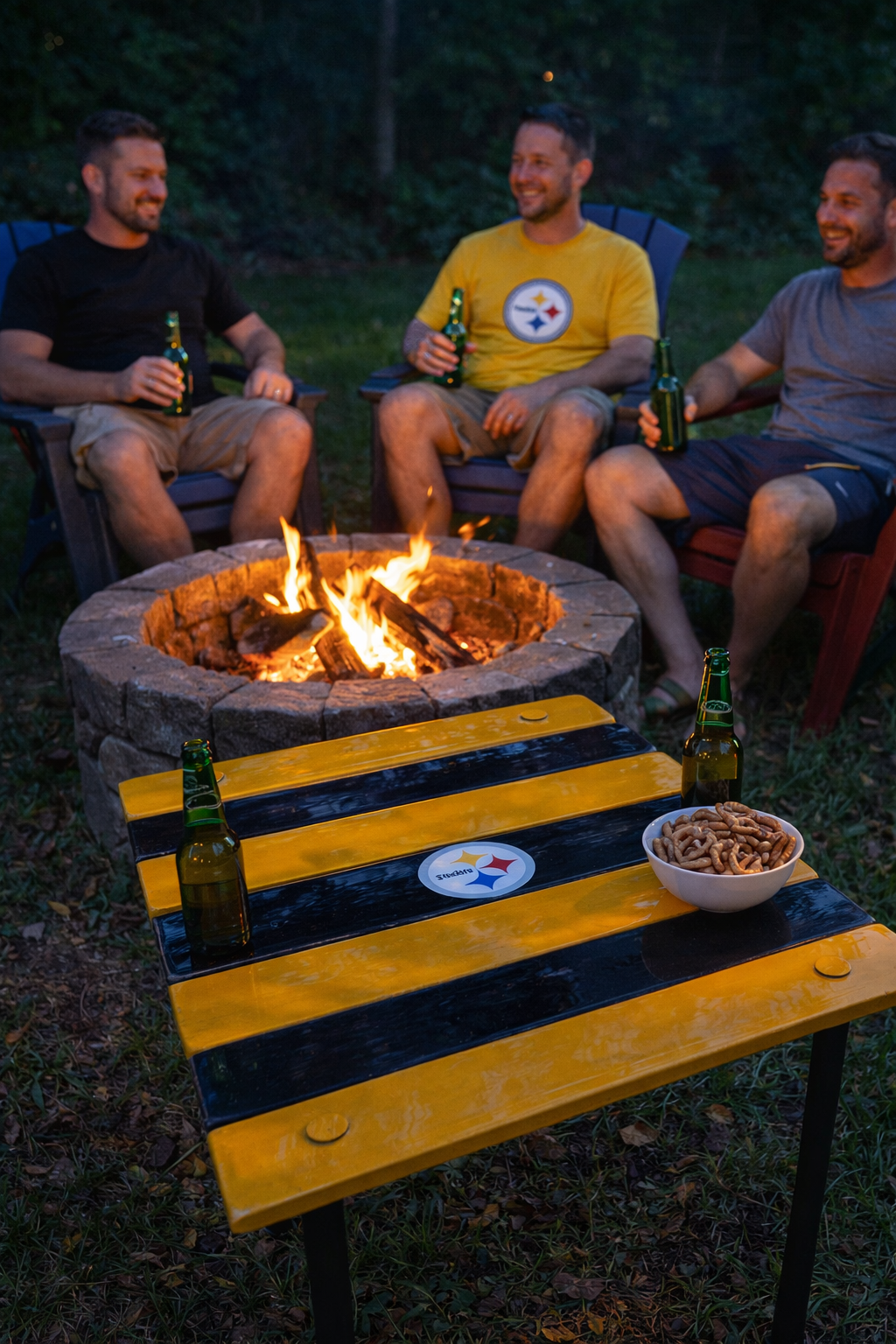 Steelers roll-out table by a fire pit with friends sitting around during a backyard game day