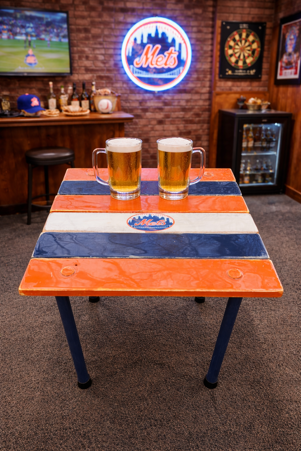 Handcrafted New York Mets roll-out table in a bag with orange, blue, and white cedar boards, portable folding tailgate table with 2 beers in a man cave