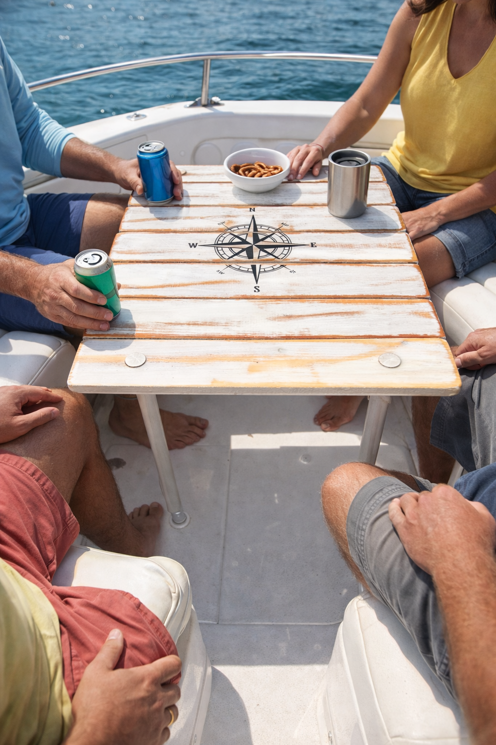 a white washed portable beach table in a bag on a boat with two people drinking