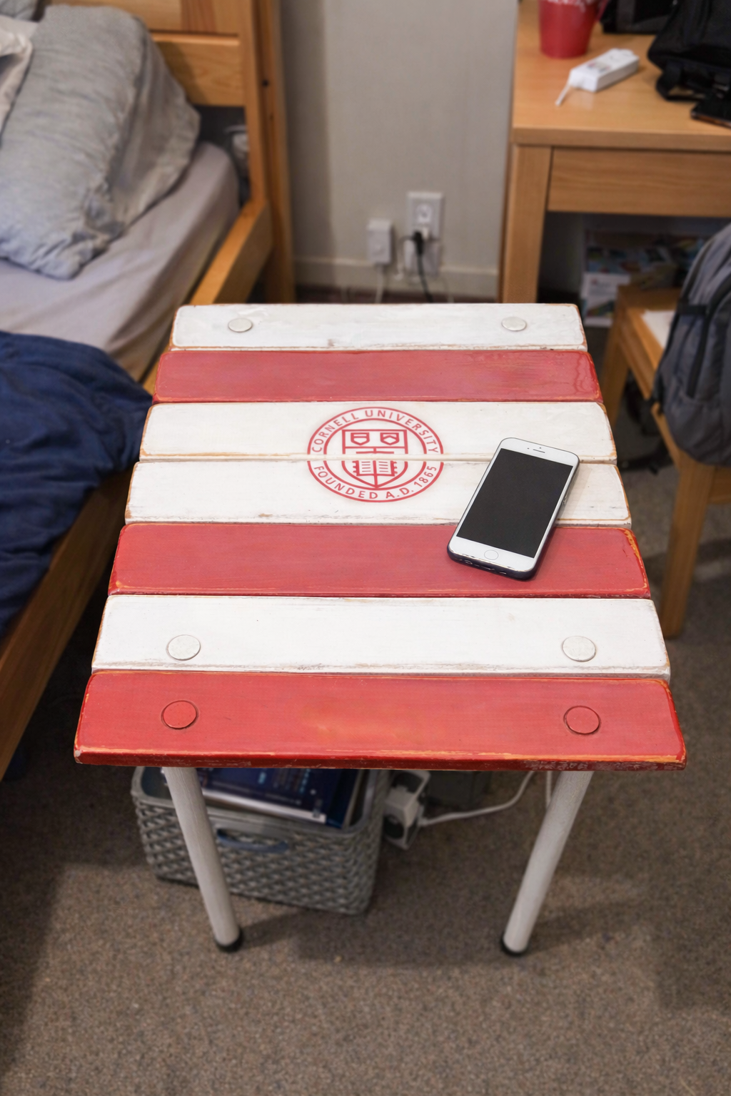 Cornell University dorm table gift made from solid cedar wood, lightweight roll-out table for campus life