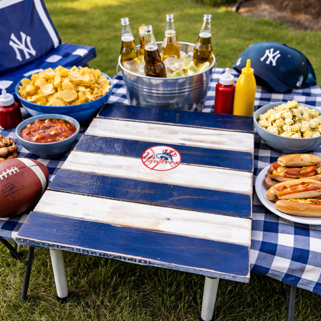 A table set for a New York Yankees baseball game with snacks, beverages, hot dogs, and a Yankees cap on a blue and white checkered tablecloth.