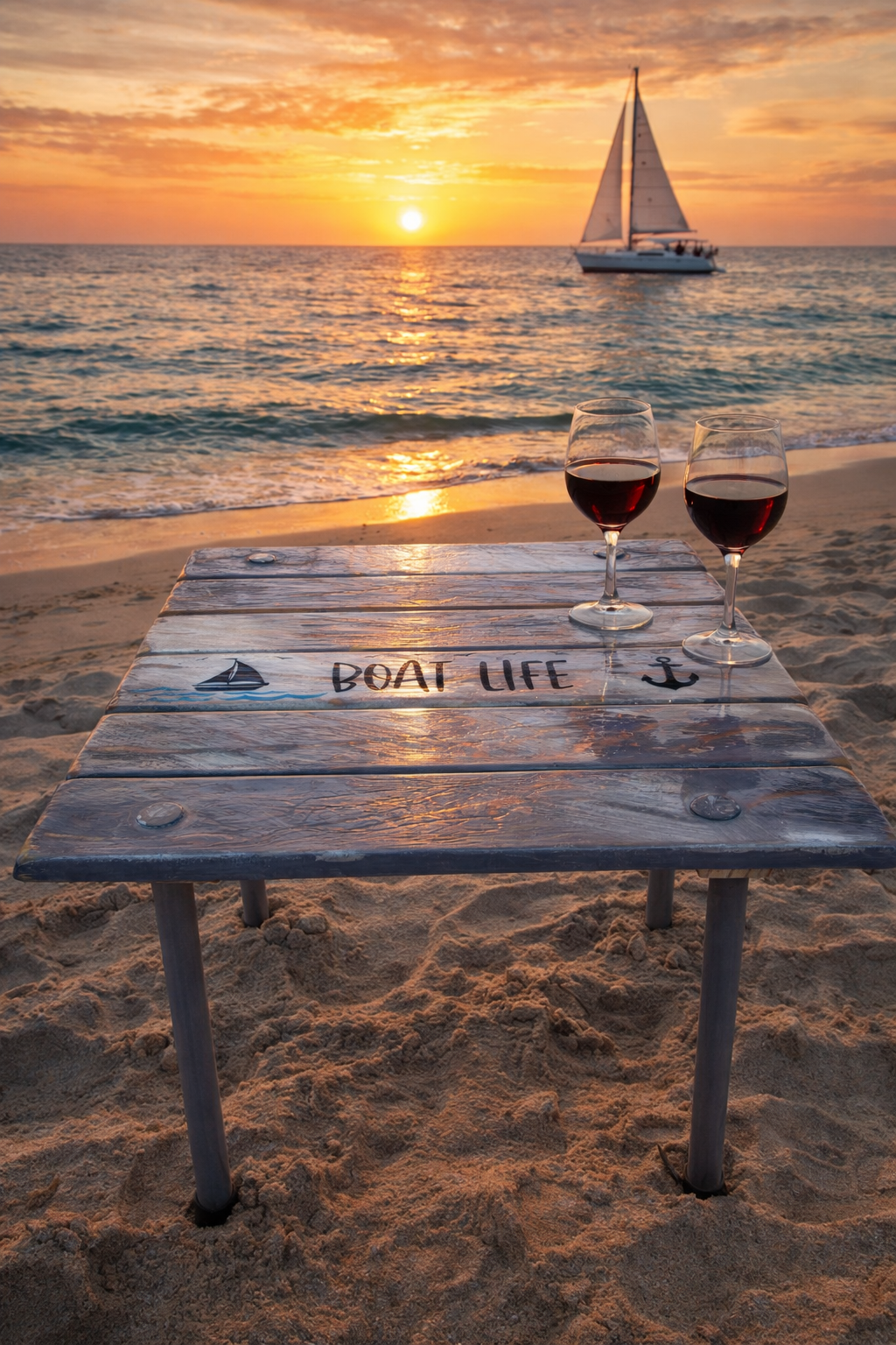 Gray “Sail Boat Life” Roll-Out Table in a Bag  Portable ,Lightweight ,Packs Into a Bag with a sail boat in the background