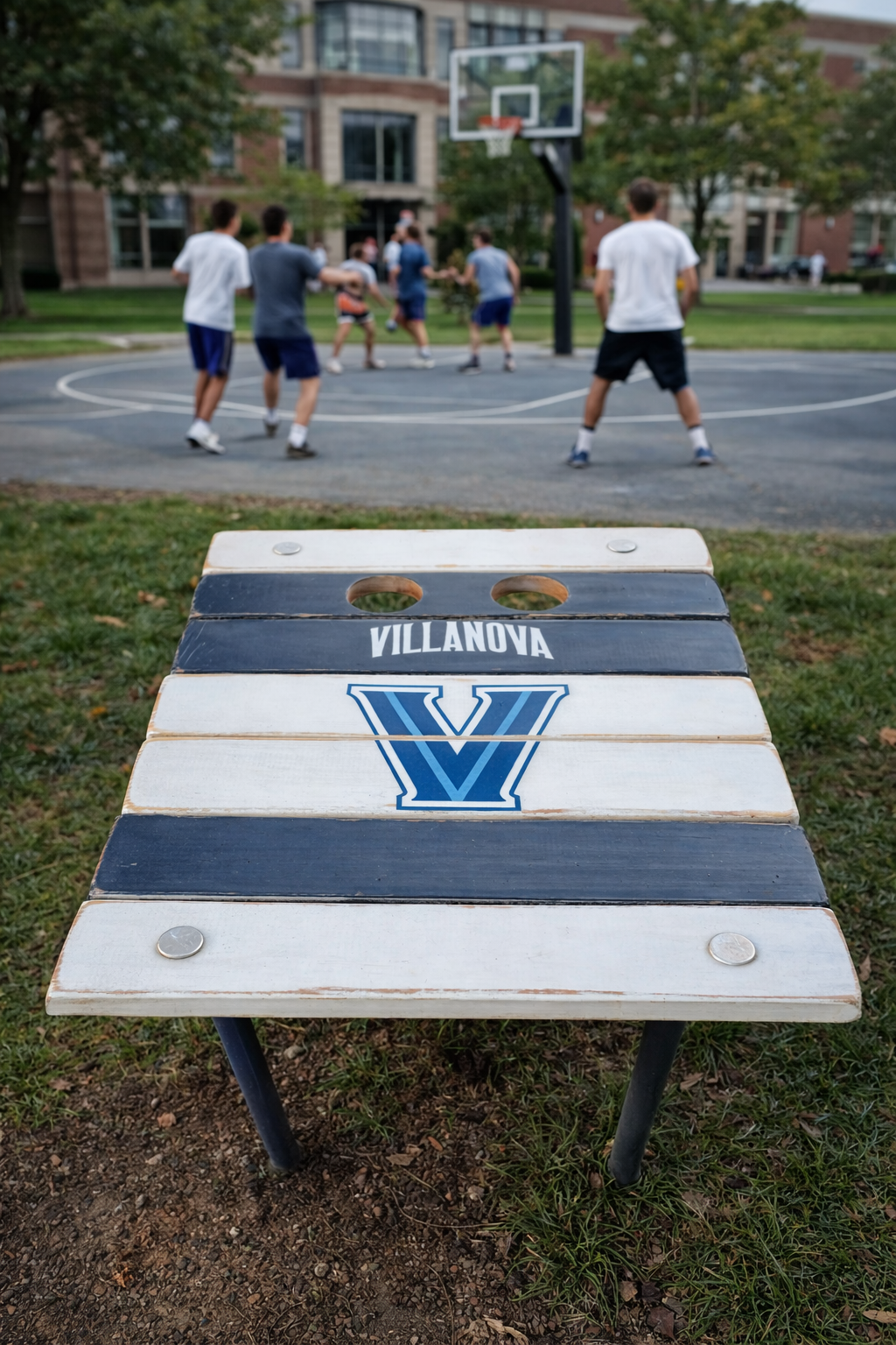 Villanova roll-out table on campus with students playing basketball in the background