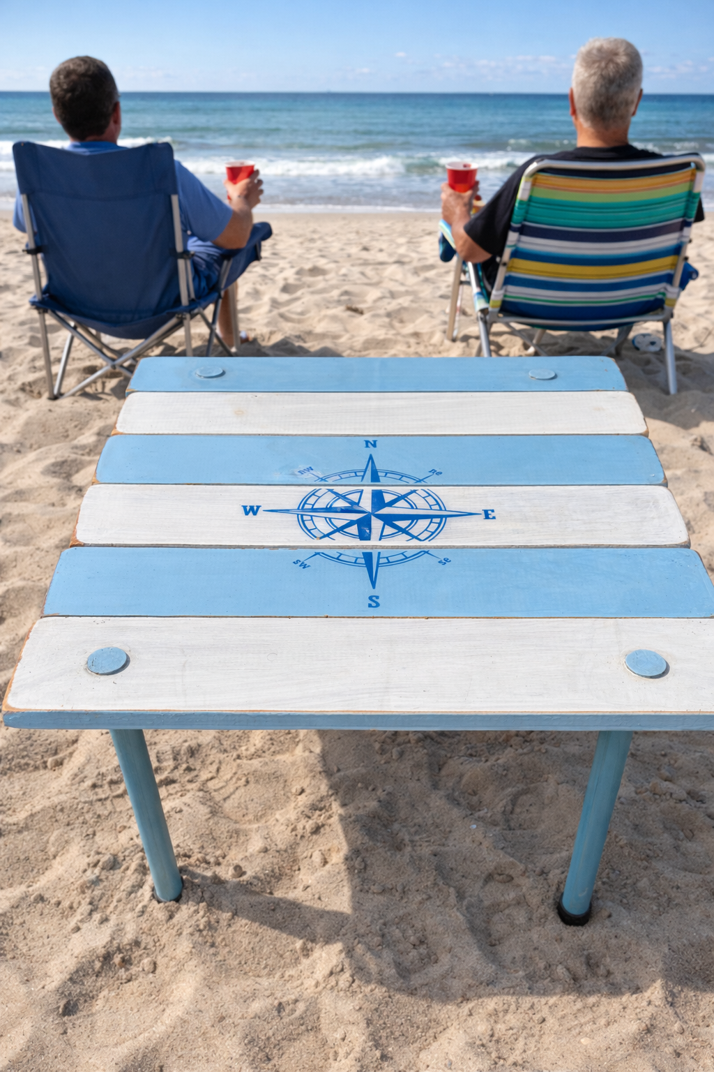 a light blue and white roll out table in a bag with a blue compass rose on it seen on a boat with 2 people at the beach