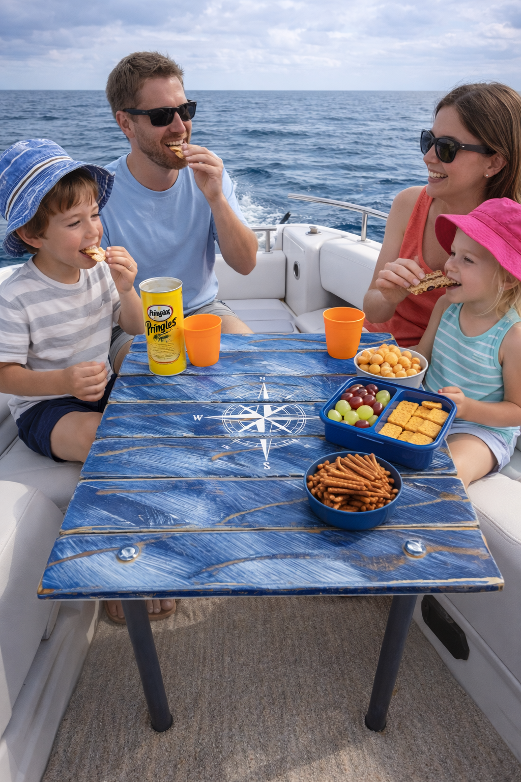 Blue cedar roll-up table with a compass rose design, shown outdoors as a lightweight portable coastal table. on a boat