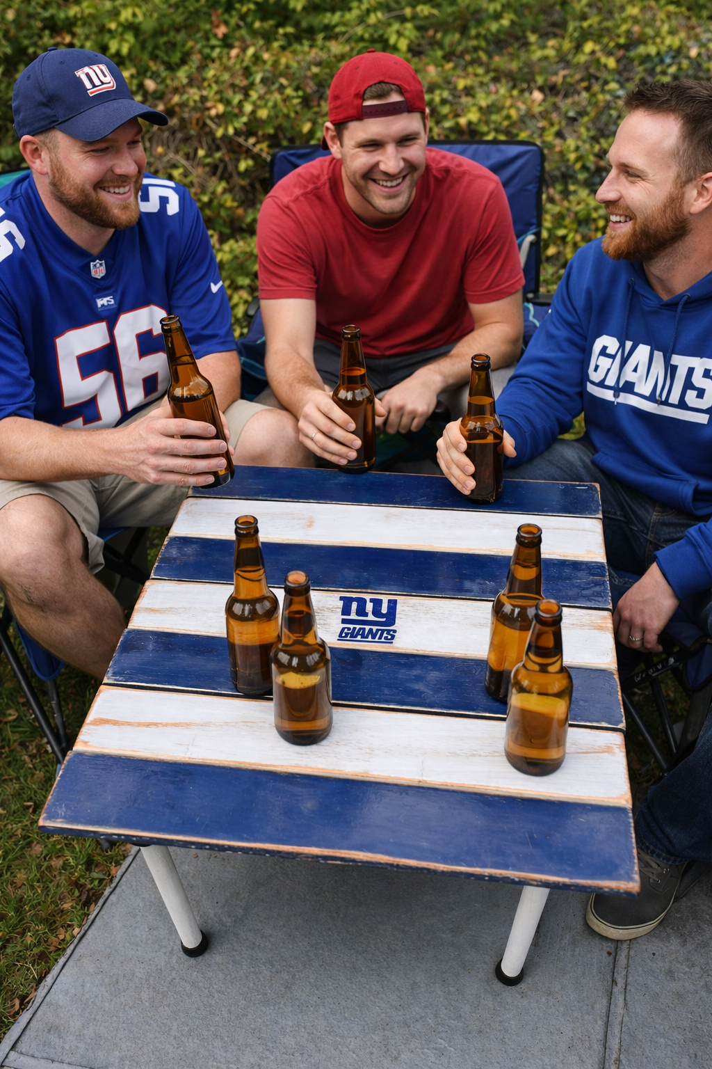 Three men sitting around a table outdoors, holding beer bottles, wearing New York Giants clothing, and smiling while enjoying each other's company.