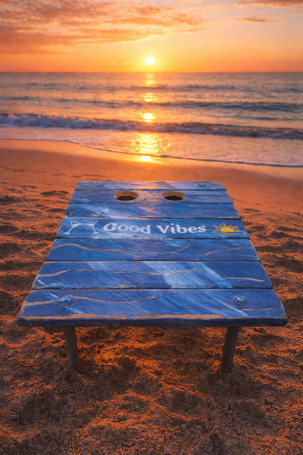 a denim blue good vibes roll up table in a bag on the beach with two cup holders at sunset