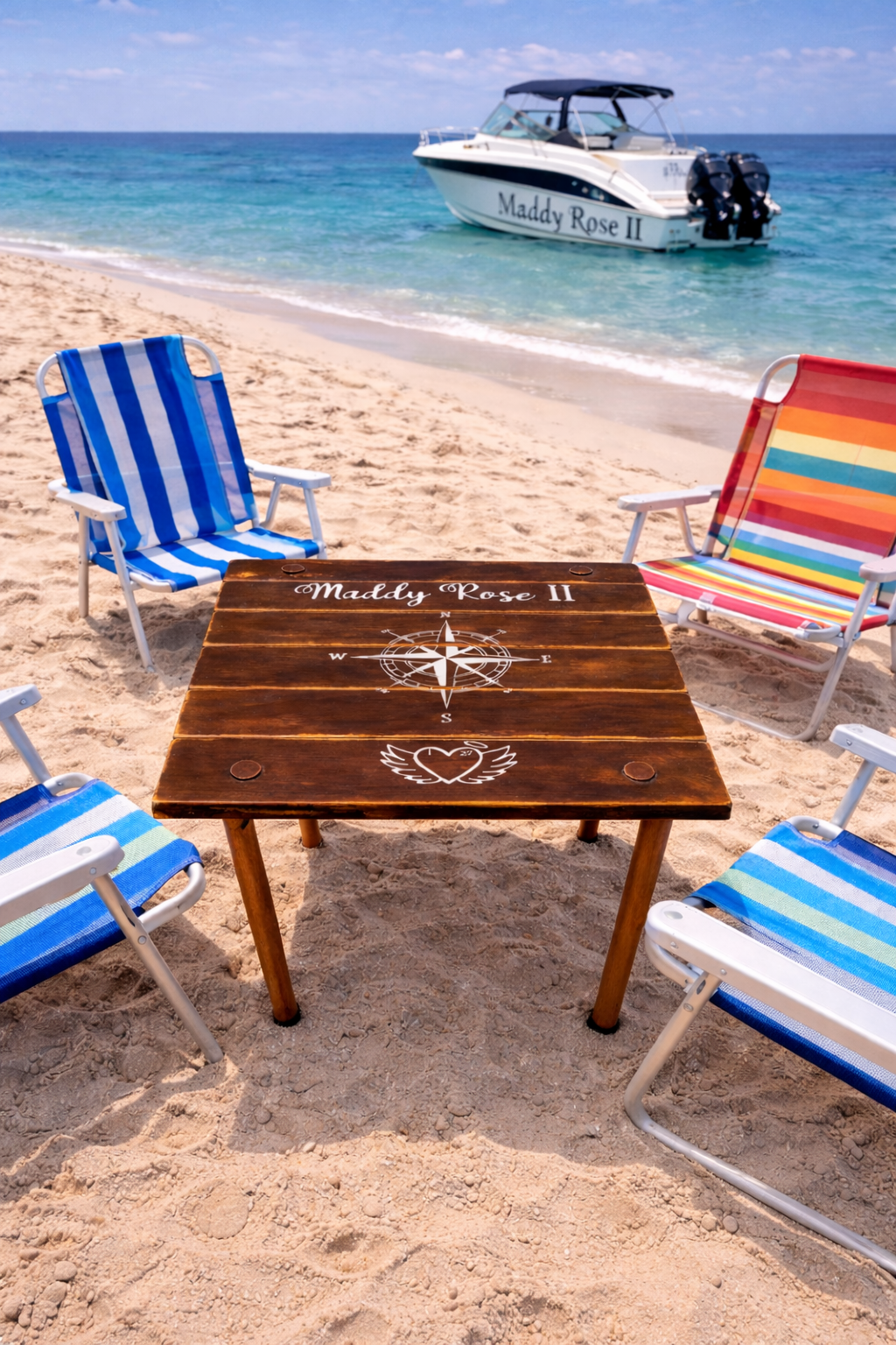 Custom cedar roll-out table with boat name “Maddy Rose II” and compass rose design, set on sandy beach with boat in background