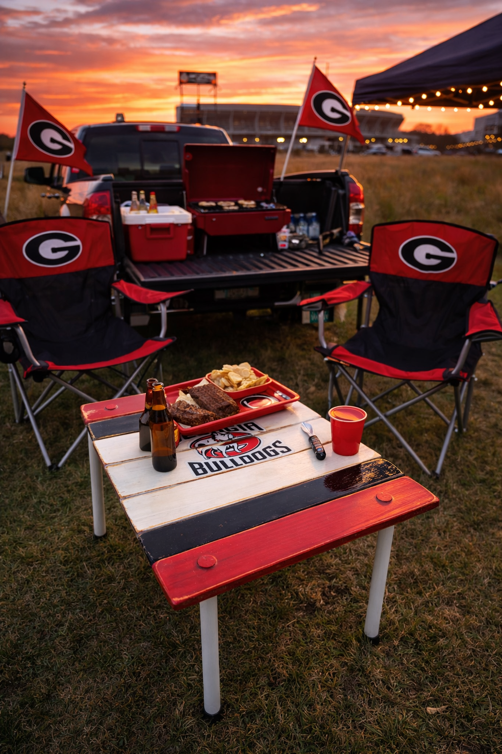 Georgia Bulldogs roll out cedar table at sunset tailgate with UGA chairs, food and drinks, portable folding game day side table