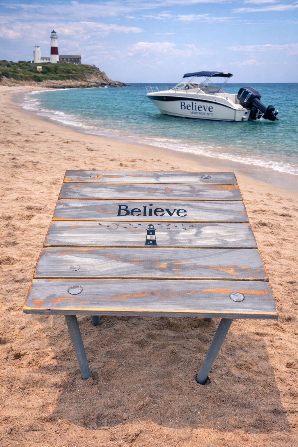 Custom gray cedar roll-out table with boat name “Believe” and lighthouse design, set on sandy beach with boat and lighthouse in background