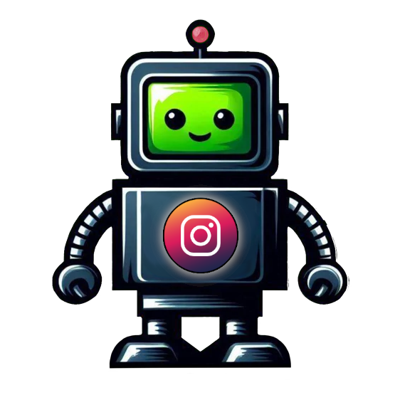 Cute smiling robot with green screen head and Instagram logo on its body.
