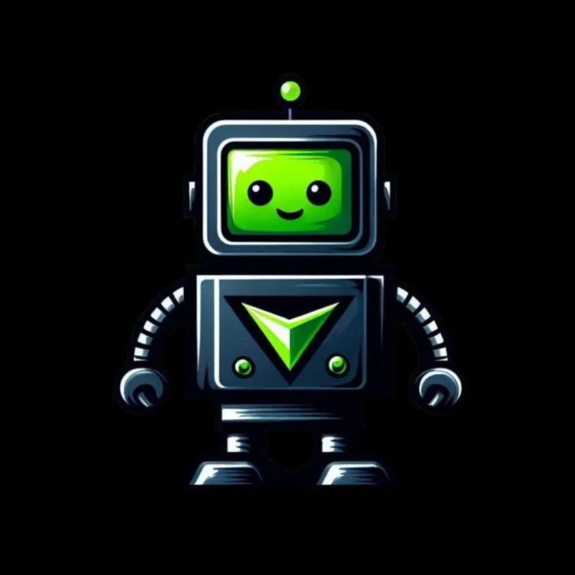 Cute green robot with square head and eyes, black body, smiling face, digital illustration, black background.