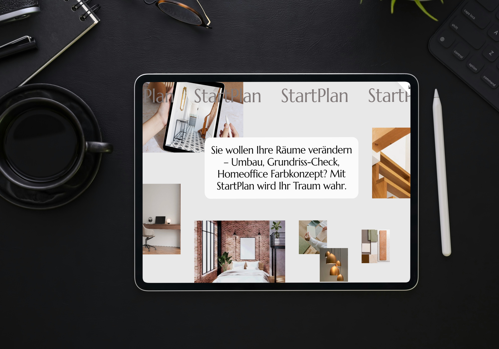 iPad auf schwarzem Tisch mit Landing Page Start-Plan