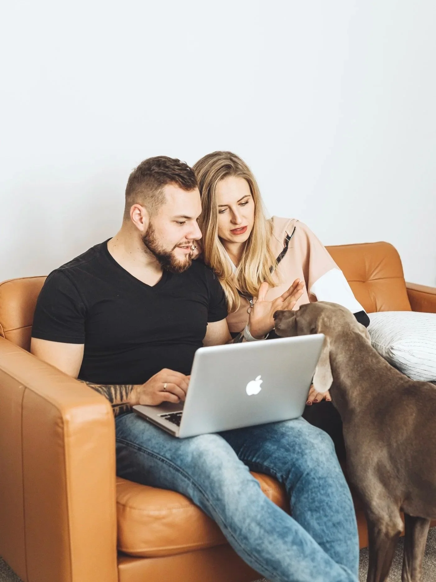 Ein Mann und eine Frau sitzen auf einem braunen Sofa, schauen auf einen Laptop, während ein Hund sie beschnuppert.