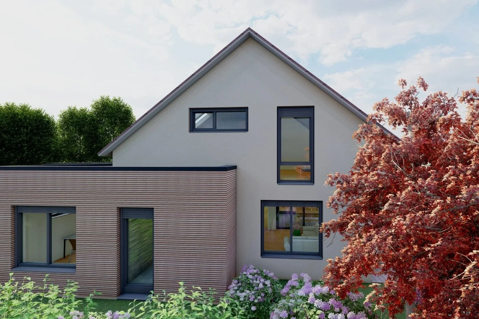 Ein modernes zweistöckiges Haus mit weißen und holzverkleideten Fassaden, großen Fenstern, Garten mit Blumen und einem Baum mit roten Blättern