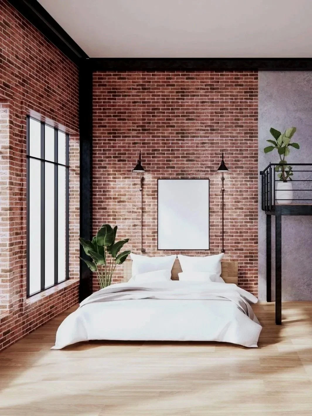 Ein modernes Schlafzimmer mit roten Backsteinwänden, großen Fenstern, weißen Betten, Pflanzen und Wandlampen.